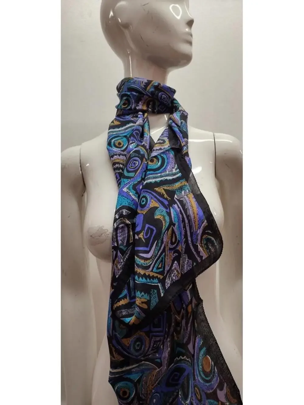 Picasso Inspired Art Tribal Scarf PURE SILK INDIA VINTAGE 80s Purple Black Swirl